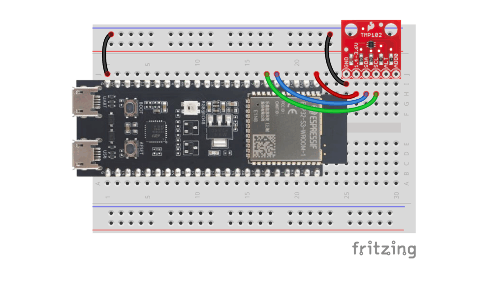 ESP32 IoT Temperature Sensor TMP102 Fritzing Diagram